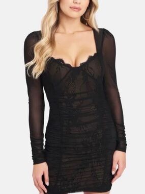bebe Black Sheer Lace Long-Sleeve Mini Dress